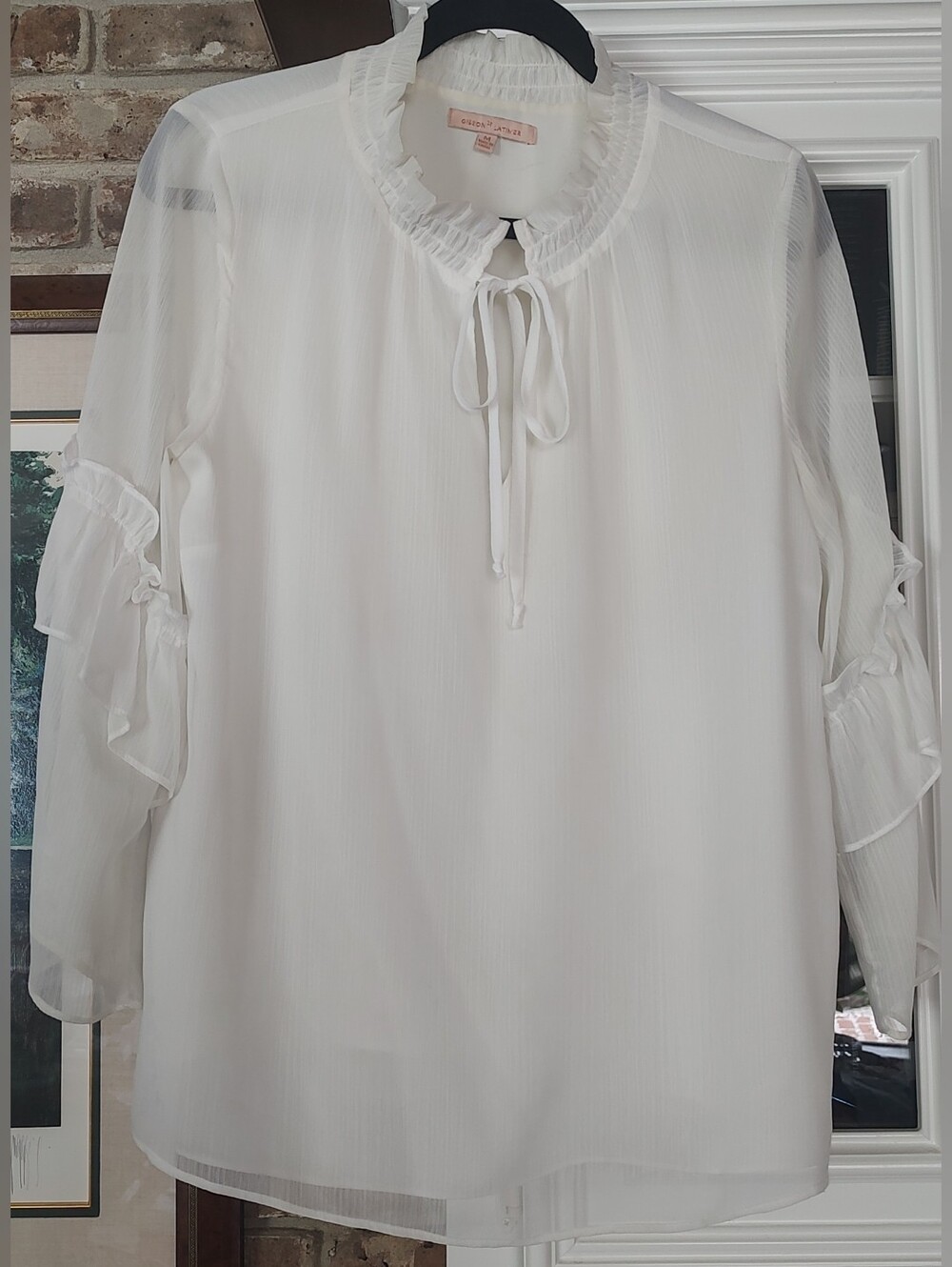 Chelsea28 Ruffled Tie-Neck Blouse - Soft Sheer White Size M